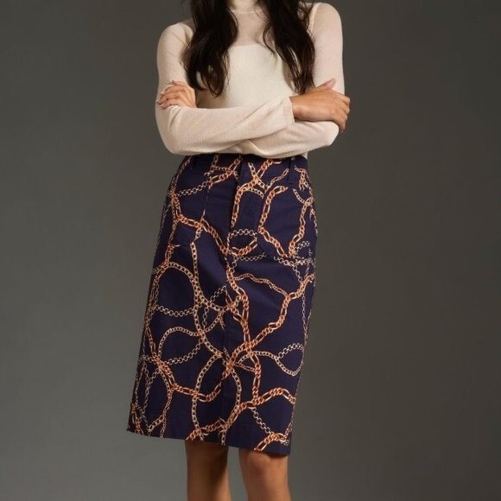 Maeve Anthropologie Navy Blue Gold Chain Link Print Pencil Skirt Large | Size L‎
